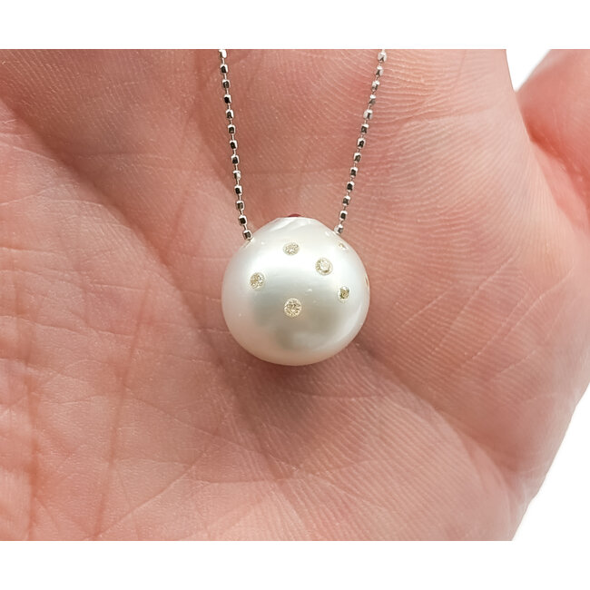 Necklace Adjustable Length .08ctw Round Diamonds .02ct Red Ruby 13.5mm Cultured Pearl 18kw 15-17" 4.94g 126010020