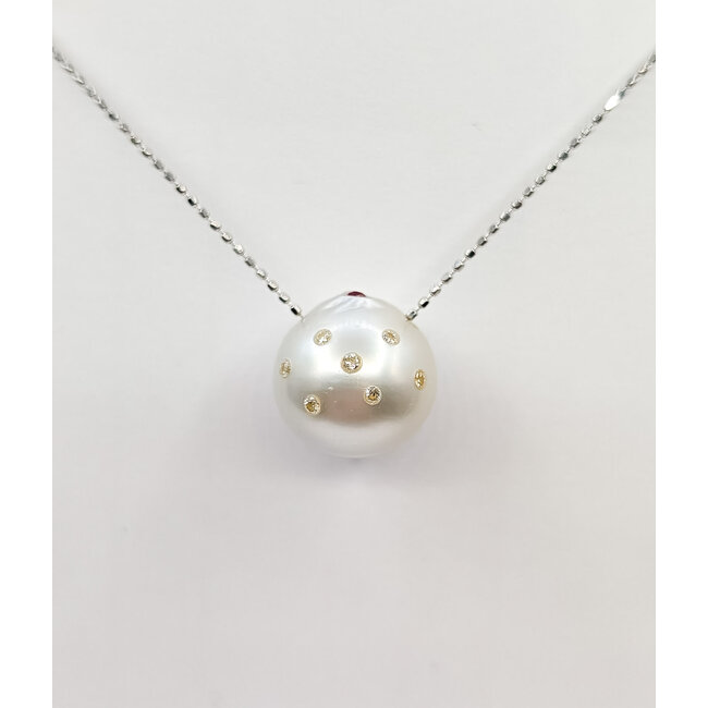Necklace Adjustable Length .08ctw Round Diamonds .02ct Red Ruby 13.5mm Cultured Pearl 18kw 15-17" 4.94g 126010020