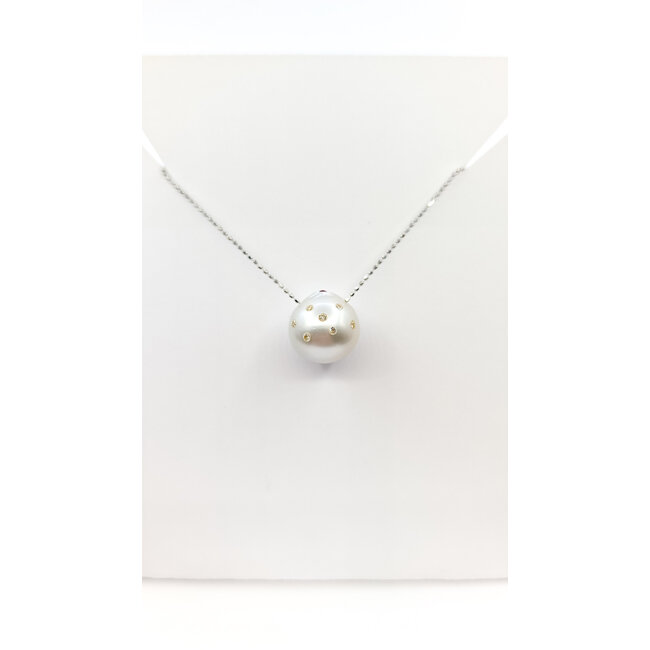 Necklace Adjustable Length .08ctw Round Diamonds .02ct Red Ruby 13.5mm Cultured Pearl 18kw 15-17" 4.94g 126010020