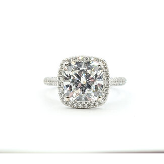 Ring Halo Pave 4.05ct Lab Grown Cushion IGI: 727534529 1ctw Eternity Diamonds 18kw Sz7 4.85g 125120095