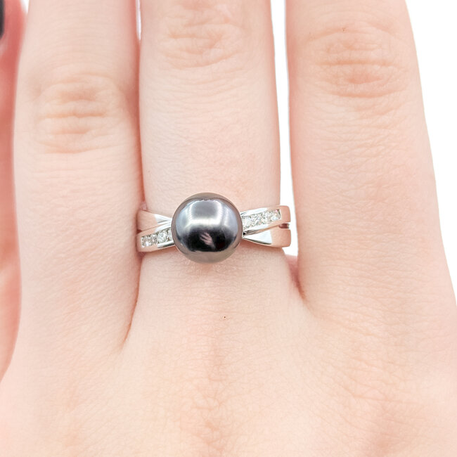 Ring Split Band .12ctw Round Diamonds 8.5mm Tahitian Pearl 14kw 5.5mm Sz7 3.85g 226020006