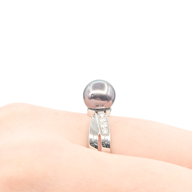Ring Split Band .12ctw Round Diamonds 8.5mm Tahitian Pearl 14kw 5.5mm Sz7 3.85g 226020006