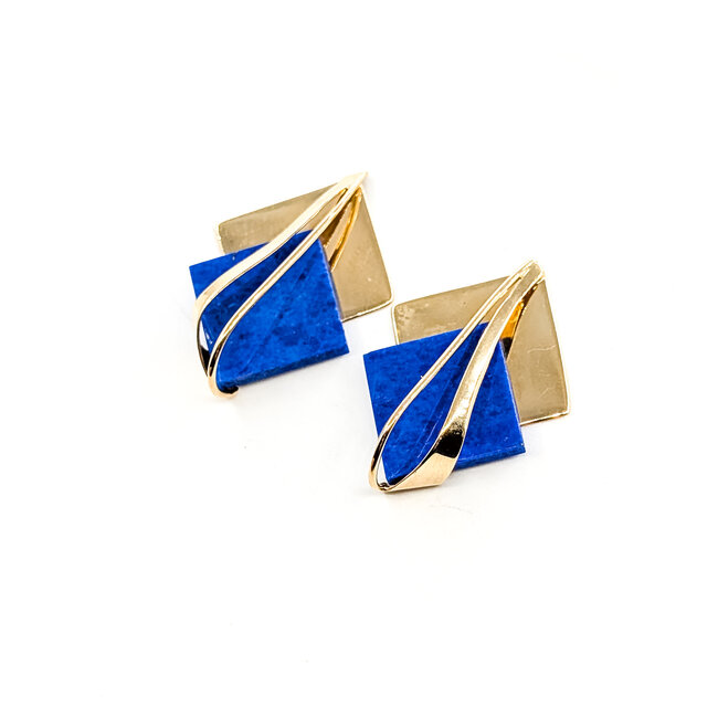 Earrings Double Square Stud 12x12mm Blue Lapis 14ky 1x.75" 4.5g 226012005