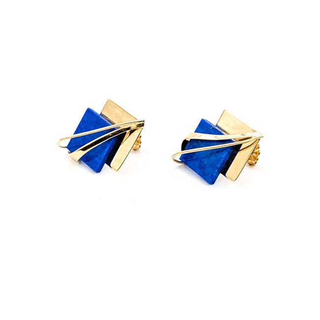 Earrings Double Square Stud 12x12mm Blue Lapis 14ky 1x.75" 4.5g 226012005