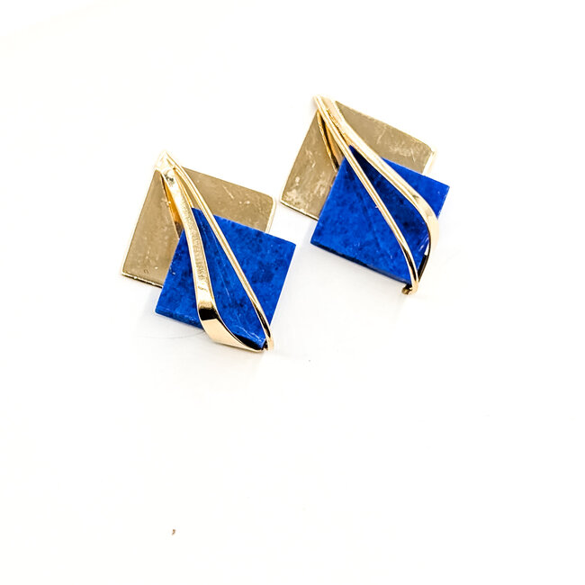 Earrings Double Square Stud 12x12mm Blue Lapis 14ky 1x.75" 4.5g 226012005