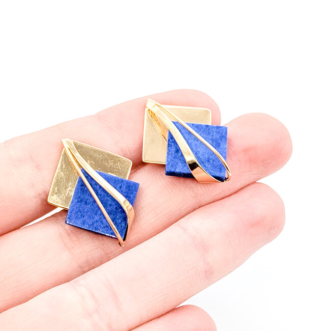 Earrings Double Square Stud 12x12mm Blue Lapis 14ky 1x.75" 4.5g 226012005