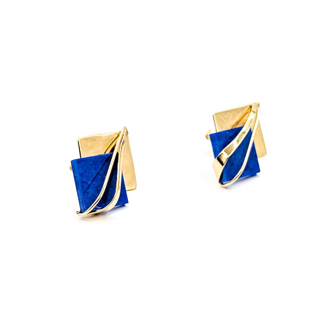 Earrings Double Square Stud 12x12mm Blue Lapis 14ky 1x.75" 4.5g 226012005