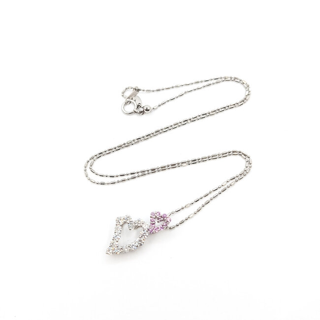Pendant Double Heart W/Chain .89ctw Round Diamonds .25ctw Pink Sapphire pt900 23x12mm 15-17.5" 5.65g 126020029