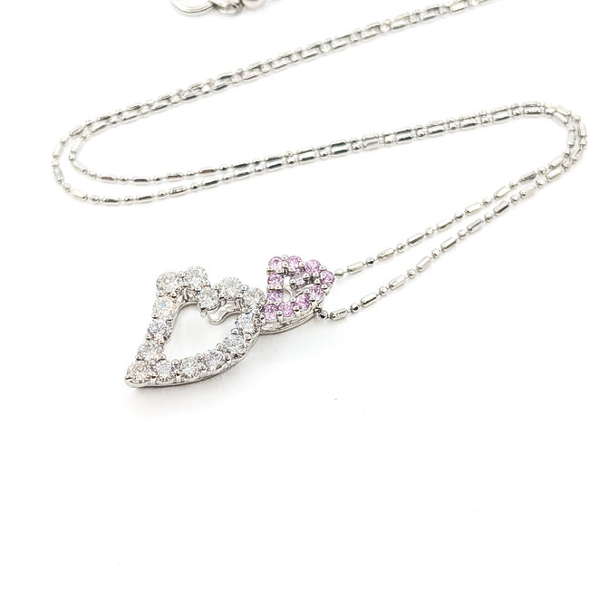 Pendant Double Heart W/Chain .89ctw Round Diamonds .25ctw Pink Sapphire pt900 23x12mm 15-17.5" 5.65g 126020029