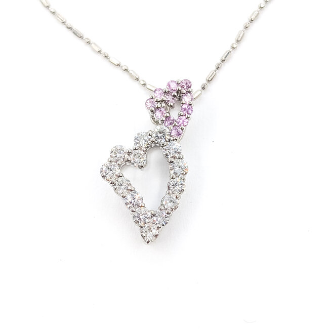 Pendant Double Heart W/Chain .89ctw Round Diamonds .25ctw Pink Sapphire pt900 23x12mm 15-17.5" 5.65g 126020029