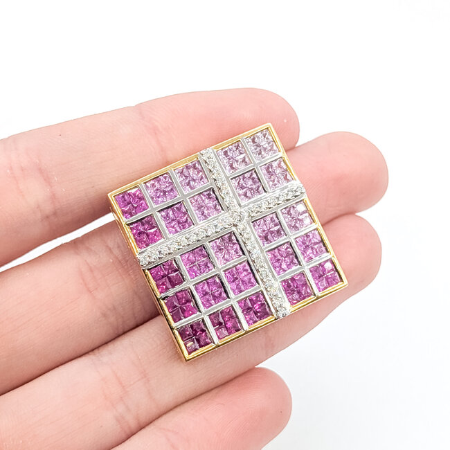 Pendant Custom Square .41ctw Round Diamonds 6.645ctw Pink Sapphire 18k 1.1" 16.46g 126020037
