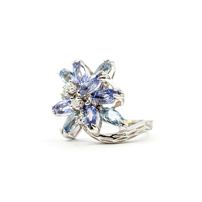 Ring Floral .25ctw Round Diamonds 1.25ctw Purple Tanzanite 1.00ctw Blue Aquamarine 14kw 17mm Sz5.25 7.4g 226020018