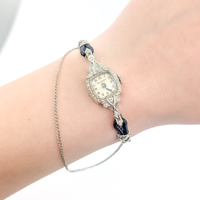 Watch Bulova Ladies Art Deco Cocktail .16ctw Diamond 1920's 21x14mm 14kt White Gold 6" Watch Only 125076009