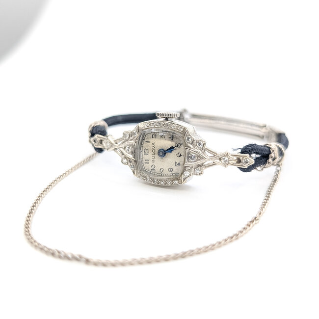 Watch Bulova Ladies Art Deco Cocktail .16ctw Diamond 1920's 21x14mm 14kt White Gold 6" Watch Only 125076009