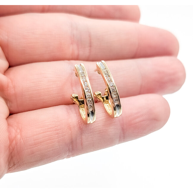 Earrings J-Hoop Omega Back .12ctw Round Diamonds 14ky .75x.12" 3.86g 126020050