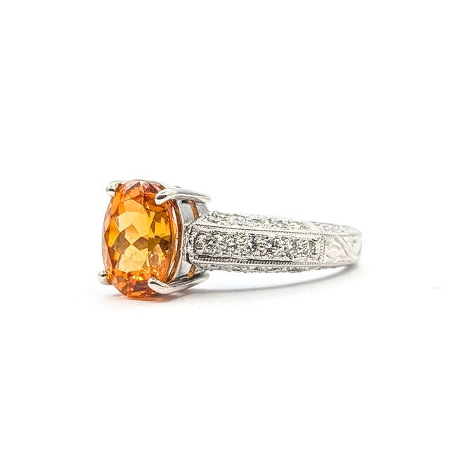Ring Milgrain Pave 0.2ctw Round Diamonds GIA Report: 5232455809 3.98ct Orange Spessartite Garnet 14kw 4mm Sz6.5 6.9g 226020053