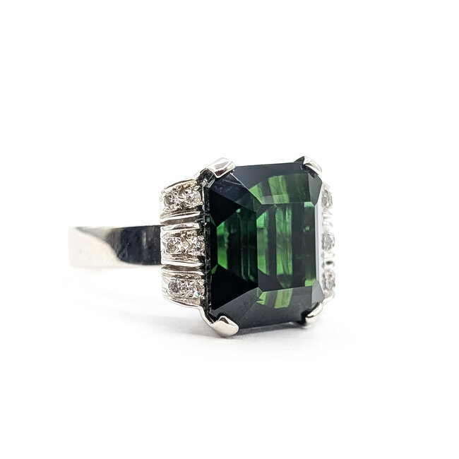Ring Cocktail 0.12ctw Round Diamonds 14.62ct Green Tourmaline 18kw 4.2mm Sz6 10.47g 226020065