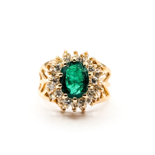 Ring Double Halo 0.7ctw Round Diamonds 1.56ct Green Emerald 14ky 14mm Sz6 7.87g 226020055