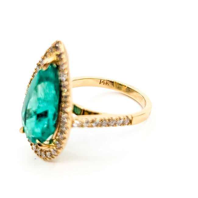 Ring Halo Tear Drop 0.43ctw Round Diamonds GIA Report: 2231506134 5.11ct Green Emerald 14ky .95x.55" Sz7 6.12g 226020063