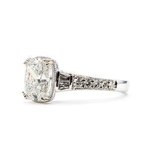 Ring Milgrain 1.57ct Cushion  IGI : LG665422772 .29ctw Round & Baguette Diamonds 14kw 9x7.5mm Sz6.5 2.9g 125060023