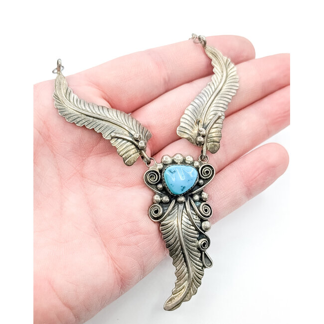 Necklaces Native "WD" Drop Feather Turquoise Sterling 20" 27.5g 226020033