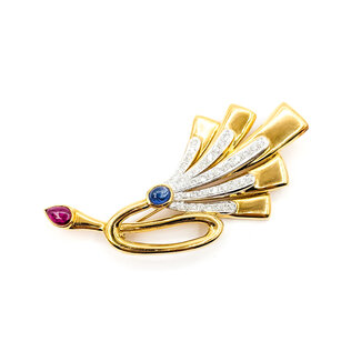 Brooch Vintage Trumpet 0.65ctw Round Diamonds 0.84ct Blue Sapphire .53ctw Ruby 14ky 2.75x1.3" 15.42g 226020042