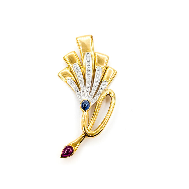 Brooch Vintage Trumpet 0.65ctw Round Diamonds 0.84ct Blue Sapphire .53ctw Ruby 14ky 2.75x1.3" 15.42g 226020042