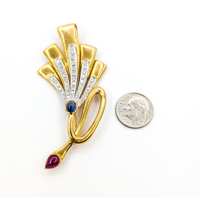 Brooch Vintage Trumpet 0.65ctw Round Diamonds 0.84ct Blue Sapphire .53ctw Ruby 14ky 2.75x1.3" 15.42g 226020042