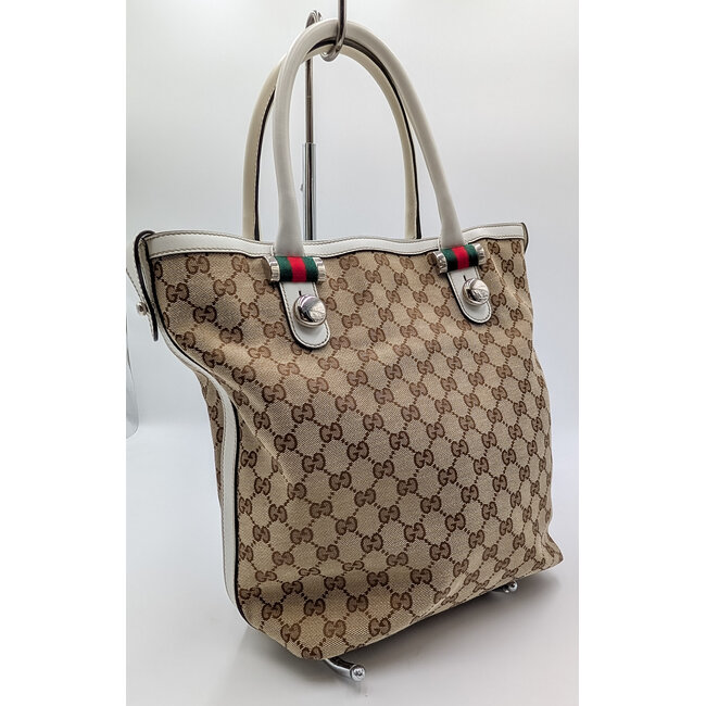 Handbag Gucci Sherryline Tote Canvas White Leather 126025021