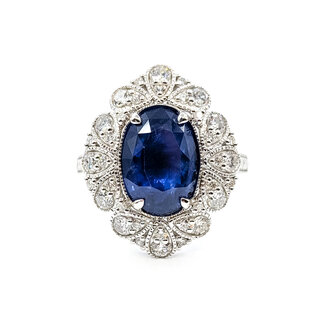 Ring Cocktail Milgrain 0.99ctw Round Diamonds GIA Report: 5232764898 3.79ct Blue Ceylon Sapphire 14kw 21mm Sz7 5.4g 226030020