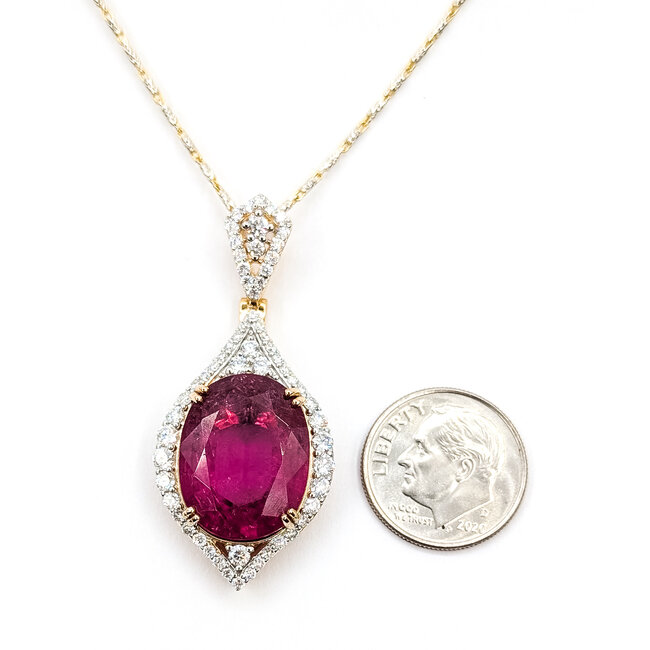 Pendant Drop Halo W/Chain 1.17ctw Round Diamonds GIA Report: 2235554669 11.93ct Pink Tourmaline 18ky & Plat 1.6x.75" 17" 12.86g 226030009