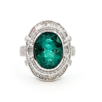 Ring Cockatil Halo 1.53ctw Round & Baguette Diamonds GIA Report: 2235644819 4.64ct Untreated Emerald Platinum 22mm Sz7 9.7g 226030025