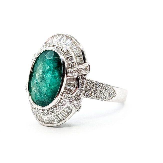 Ring Cockatil Halo 1.53ctw Round & Baguette Diamonds GIA Report: 2235644819 4.64ct Untreated Emerald Platinum 22mm Sz7 9.7g 226030025