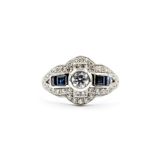 Ring Vintage Style Milgrain 0.6ctw Round Diamonds 0.69ct Mignight Sapphire Platinum 12mm Sz7 7.3g 226030011
