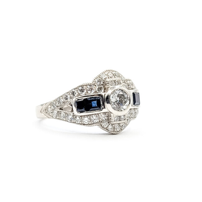 Ring Vintage Style Milgrain 0.6ctw Round Diamonds 0.69ct Mignight Sapphire Platinum 12mm Sz7 7.3g 226030011