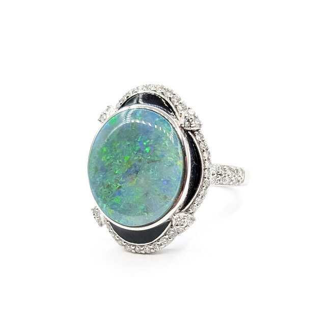 Ring Bespoke Black Enamel 0.54ctw Round Diamonds GIA Report: 5232838009 5.54ct Blue/Green/Gray Opal Platinum 23mm Sz7.25 9.7g 226030030