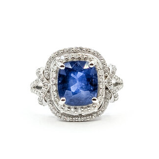 Ring Double Halo Split Band 0.48ctw Round Diamonds GIA Report: 5231597285 3.22ct Blue Sapphire Platinum 15mm Sz6.75 6.9g 226030024