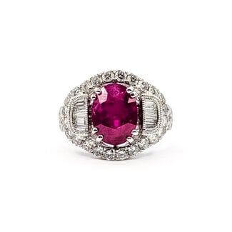 Ring Cocktail Milgrain 1.55ctw Round Diamonds GIA Report: 7235382212 4.62ct Red Mozambique Ruby Platinum 16mm Sz7 9.2g 226030015