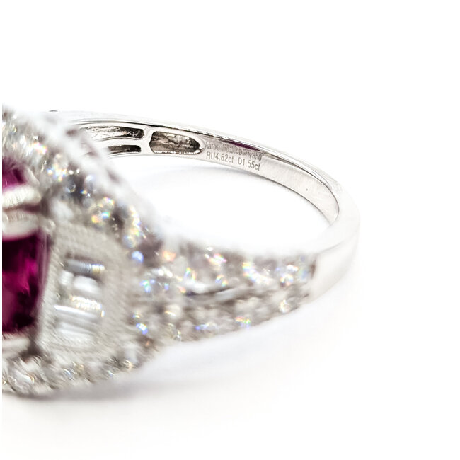 Ring Cocktail Milgrain 1.55ctw Round Diamonds GIA Report: 7235382212 4.62ct Red Mozambique Ruby Platinum 16mm Sz7 9.2g 226030015