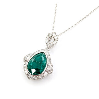 Necklace Drop Halo W/Chain 0.73ctw Round Diamonds 5.38ct Green Emerald Platinum 1.5x.75" 17" 11.1g 226030010