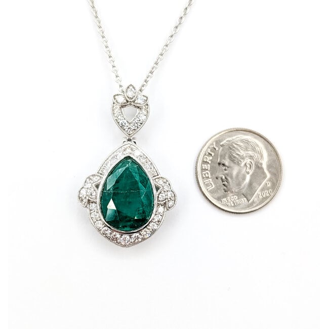 Necklace Drop Halo W/Chain 0.73ctw Round Diamonds 5.38ct Green Emerald Platinum 1.5x.75" 17" 11.1g 226030010