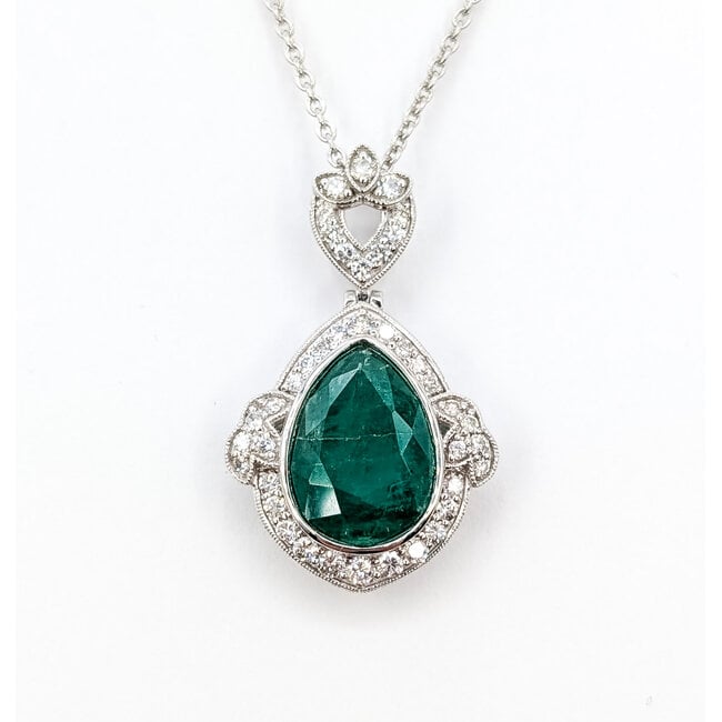 Necklace Drop Halo W/Chain 0.73ctw Round Diamonds 5.38ct Green Emerald Platinum 1.5x.75" 17" 11.1g 226030010