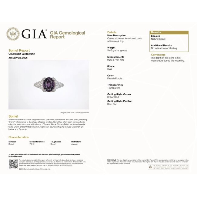 Ring Milgrain 0.48ctw Round Diamonds GIA Report: 2231837867 2.25ct No-Heat Pinkish Purple Spinel Platinum 9mm Sz6.5 5.4g 226030028