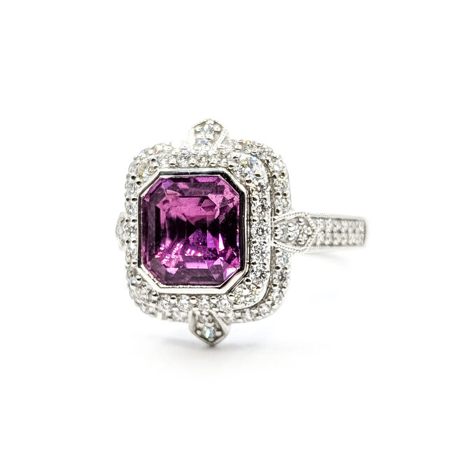 Ring Double Halo Milgrain 0.79ctw Round Diamonds GIA Report: 1236838061 3.04ct No Heat Pink Sapphire Platinum 18mm Sz6.75 8.7g 226030029