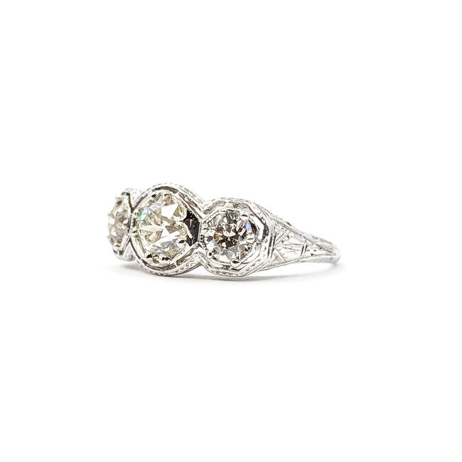 Ring Filigree 3-Stone 1.35ctw Mine Cut Diamonds 18kw Sz6 2.6g 126020058