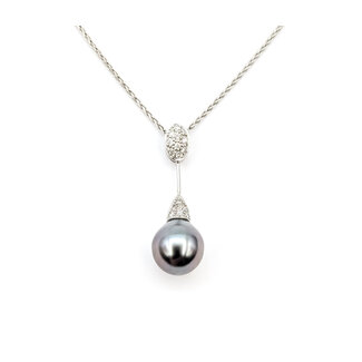 Pendant Drop W/Chain 0.1ctw Round Diamonds 9.5mm Tahitian Pearl 14kw 1.2x.33" 18" 5.3g 226020047