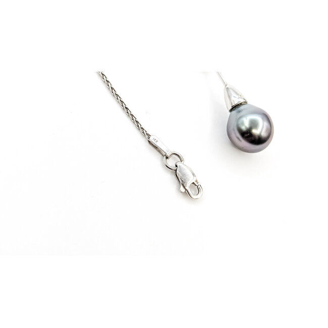 Pendant Drop W/Chain 0.1ctw Round Diamonds 9.5mm Tahitian Pearl 14kw 1.2x.33" 18" 5.3g 226020047