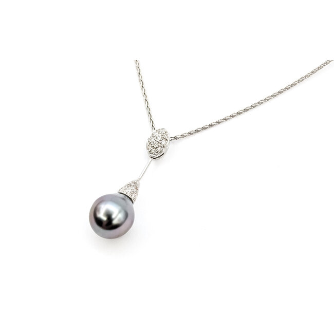 Pendant Drop W/Chain 0.1ctw Round Diamonds 9.5mm Tahitian Pearl 14kw 1.2x.33" 18" 5.3g 226020047