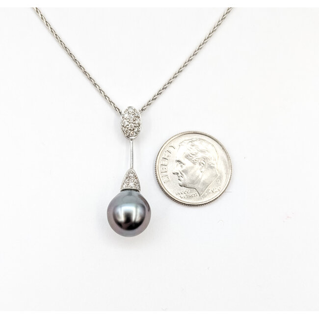 Pendant Drop W/Chain 0.1ctw Round Diamonds 9.5mm Tahitian Pearl 14kw 1.2x.33" 18" 5.3g 226020047