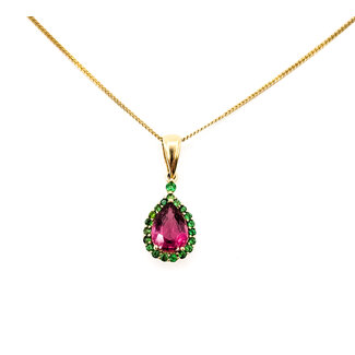 Pendant Tear Drop Halo 1.6ct Pink Tourmaline .25ctw Green Emerald 14ky 25x10mm 15.5" 4.37g 226020040